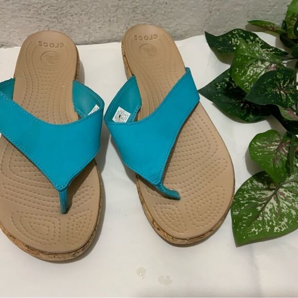 CROCS A-Leigh turquoise Thong. Cork Wedge Flip Flop Sandals Womens Size 10 - Picture 2 of 11